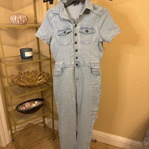 Haute Monde Light Wash Denim Jumpsuit Button Front Size L